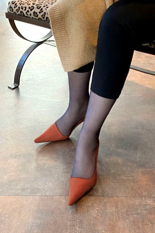 Terracotta orange women's dress pumps,with a square neckline. Pointed toe. High slim heel. Worn view - Florence KOOIJMAN